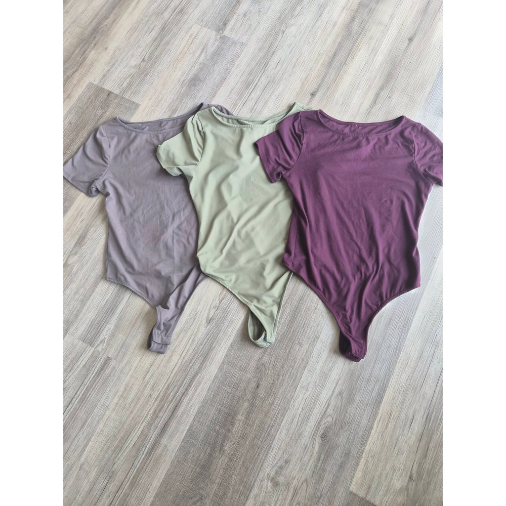 Set of 3 Women Short Sleeve Thong Bodysuits Mauve Sage Plum Small